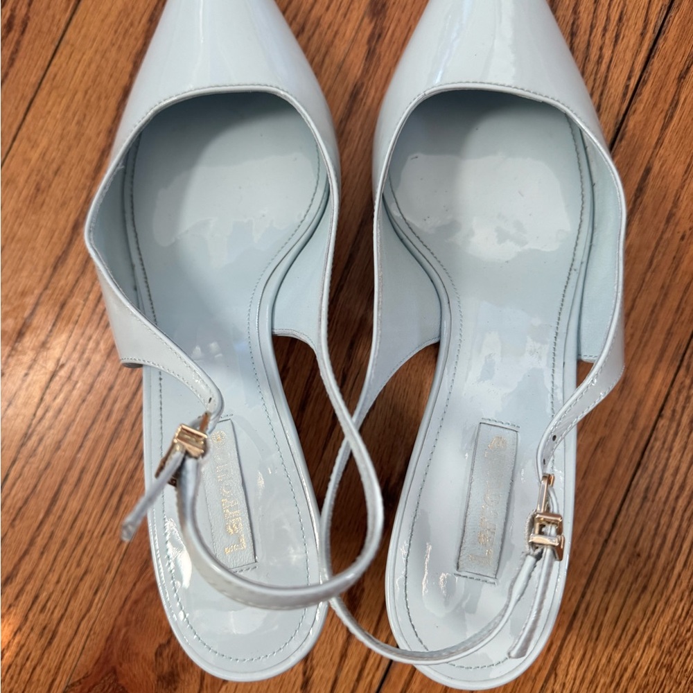 Patent Leather Slingback Heels in Pale Blue